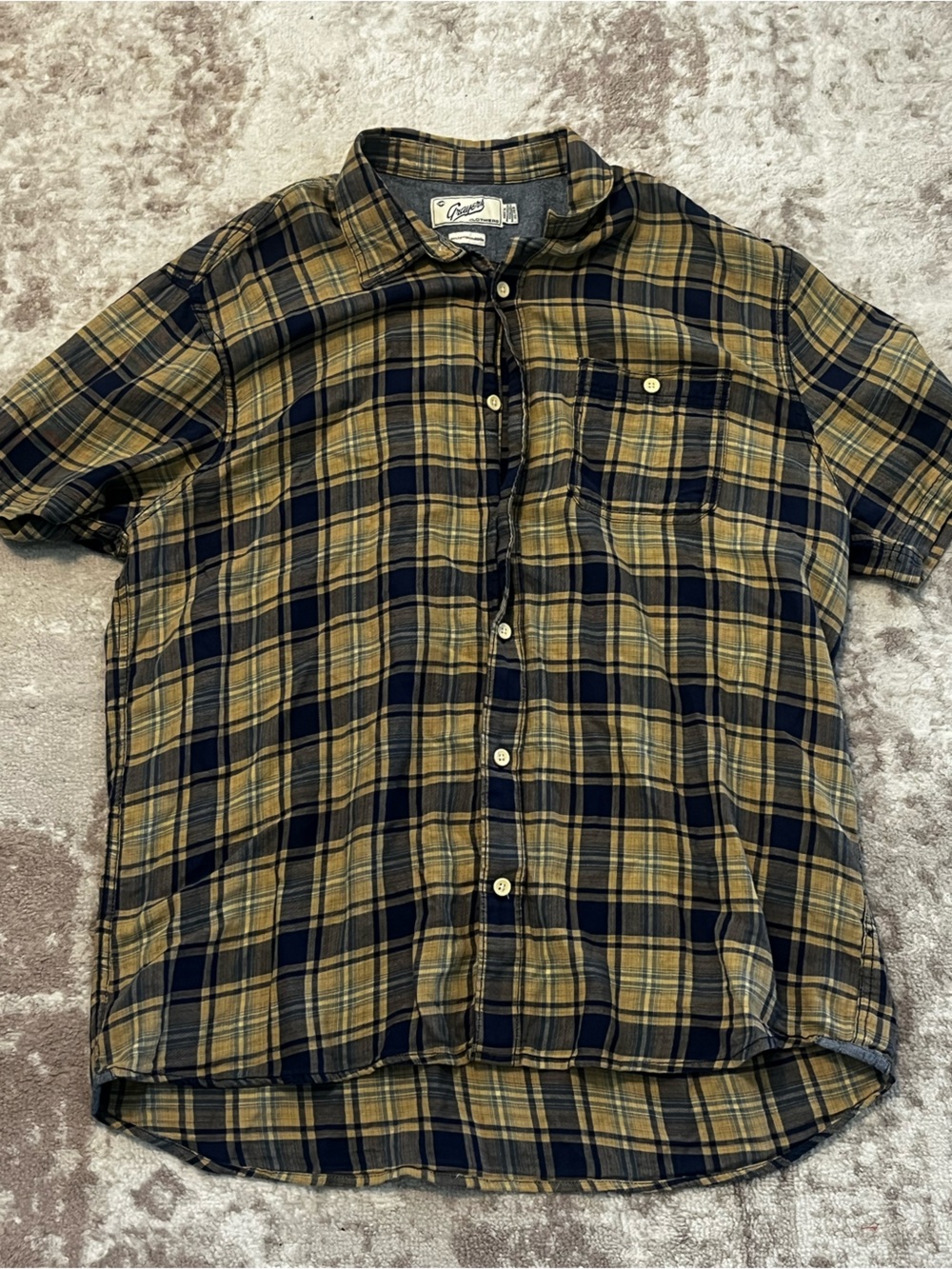 Grayers Clothiers Mens XL Plaid Short Sleeve Button Up Shirt Tan Blue 100% Cotto